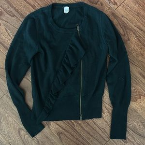 J Crew green ruffle wool sweater